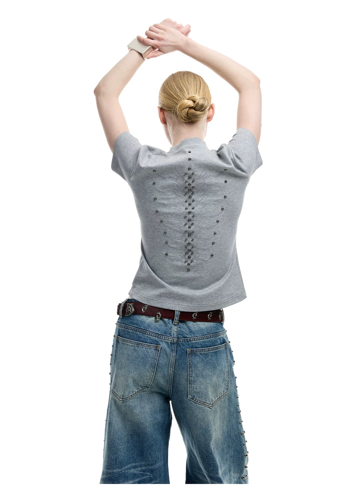 Slim Spine Rivet Embroidered Streetwear T-Shirt - detail image 6