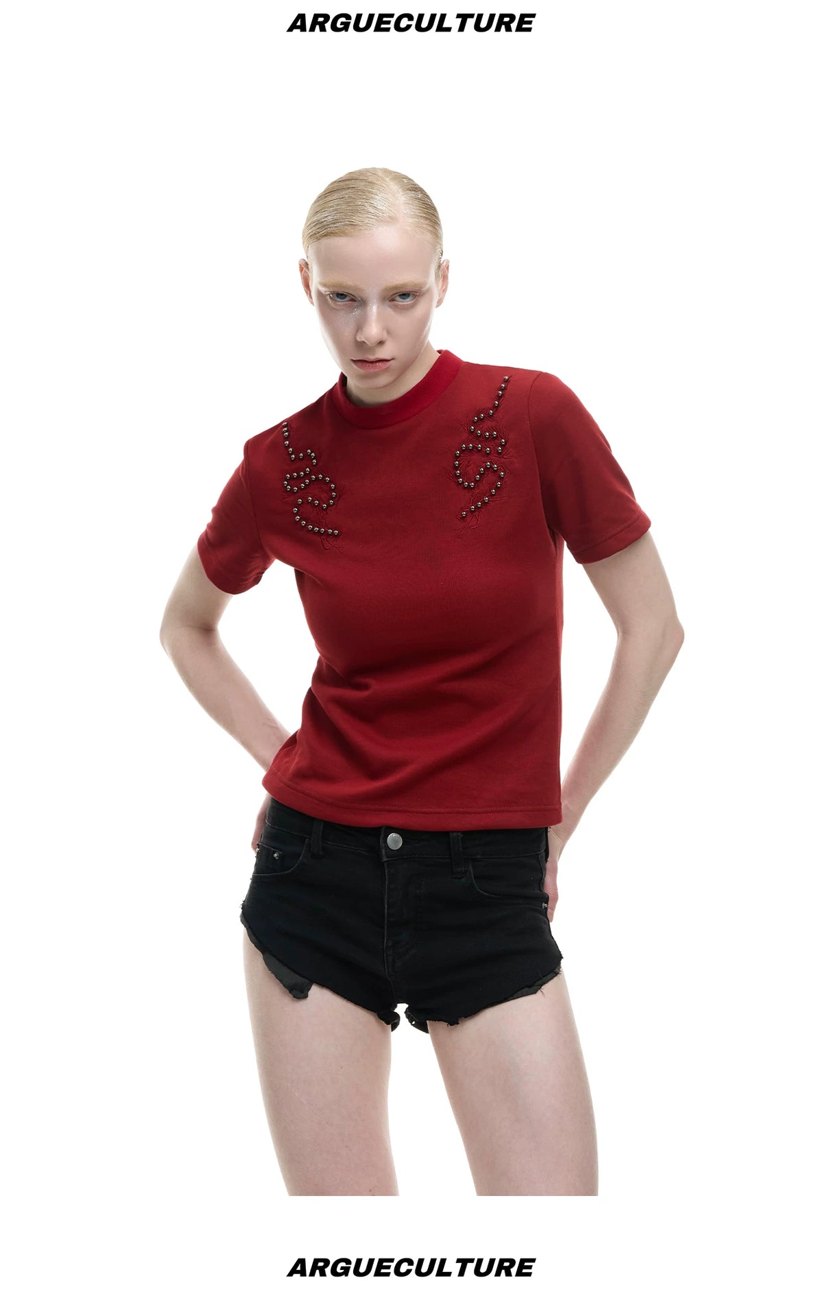 Slim Spine Rivet Embroidered Streetwear T-Shirt - detail image 12