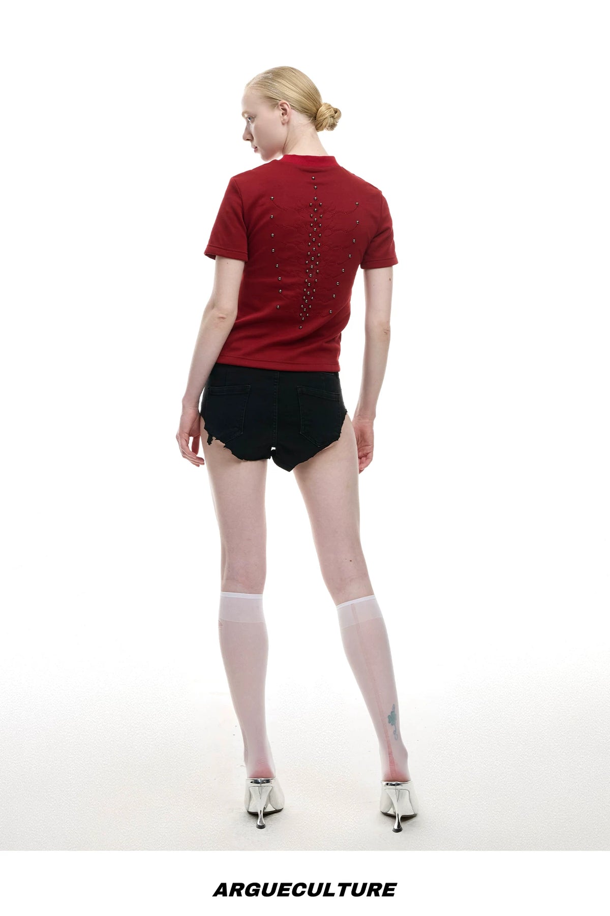 Slim Spine Rivet Embroidered Streetwear T-Shirt - detail image 14