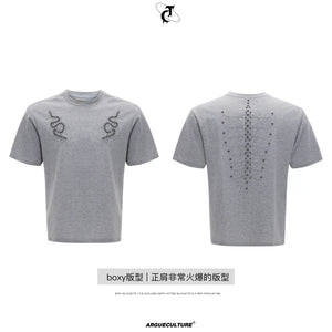 Slim Spine Rivet Embroidered Streetwear T-Shirt - Gray (Men's)