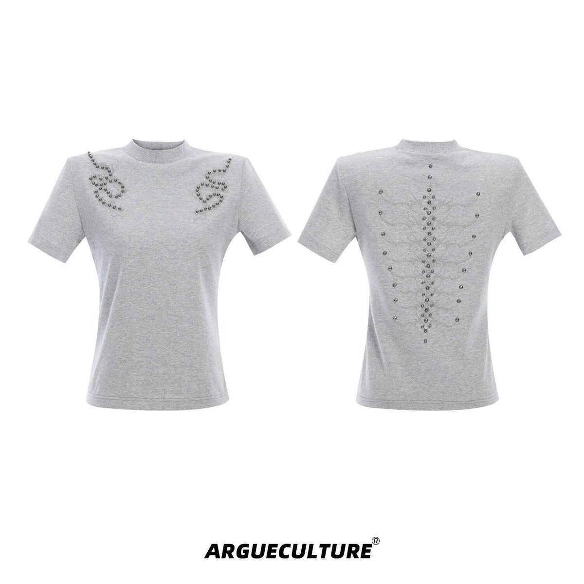Slim Spine Rivet Embroidered Streetwear T-Shirt - Gray