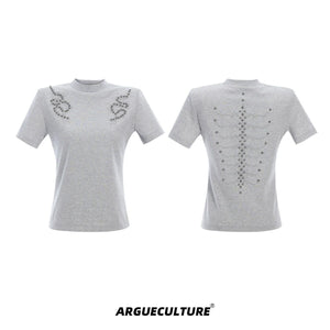 Slim Spine Rivet Embroidered Streetwear T-Shirt - Gray