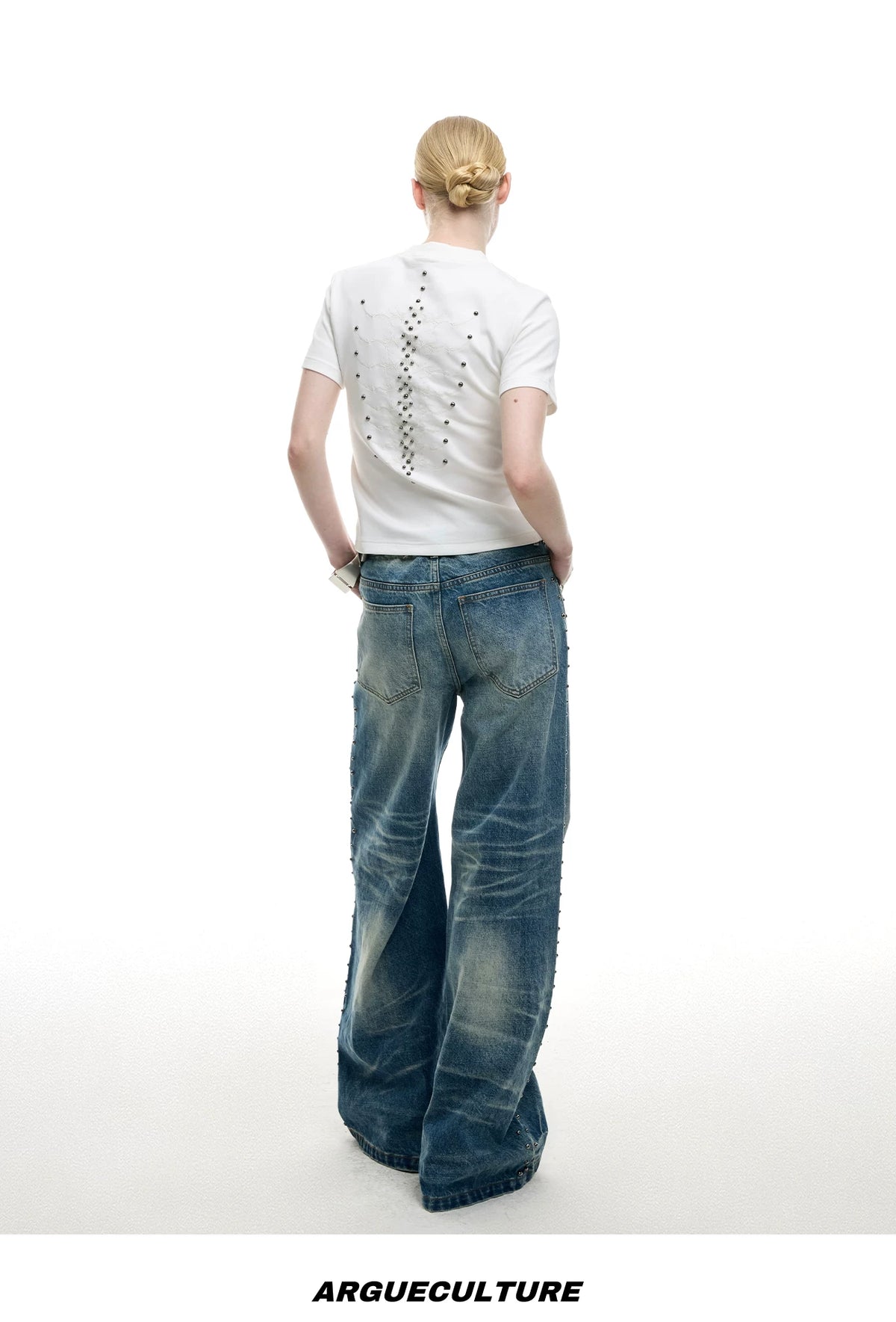 Slim Spine Rivet Embroidered Streetwear T-Shirt - detail image 15