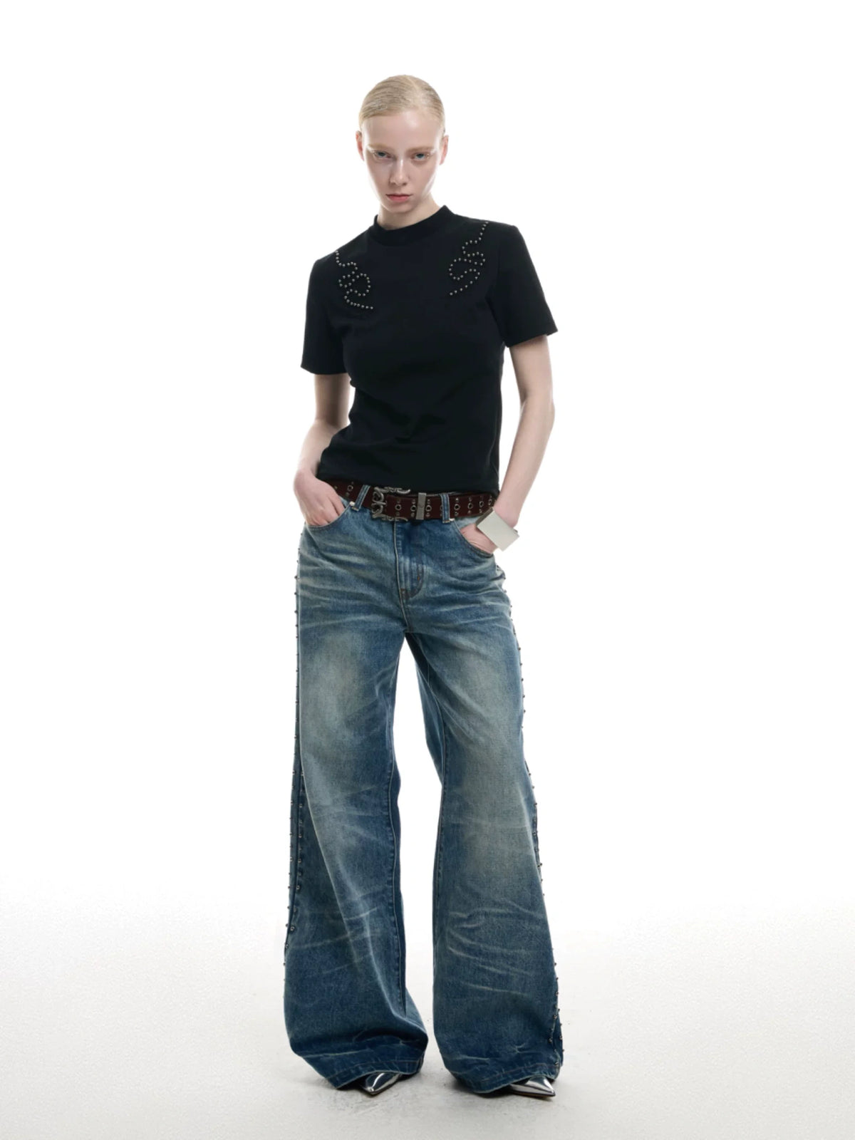 Slim Spine Rivet Embroidered Streetwear T-Shirt - main image 3