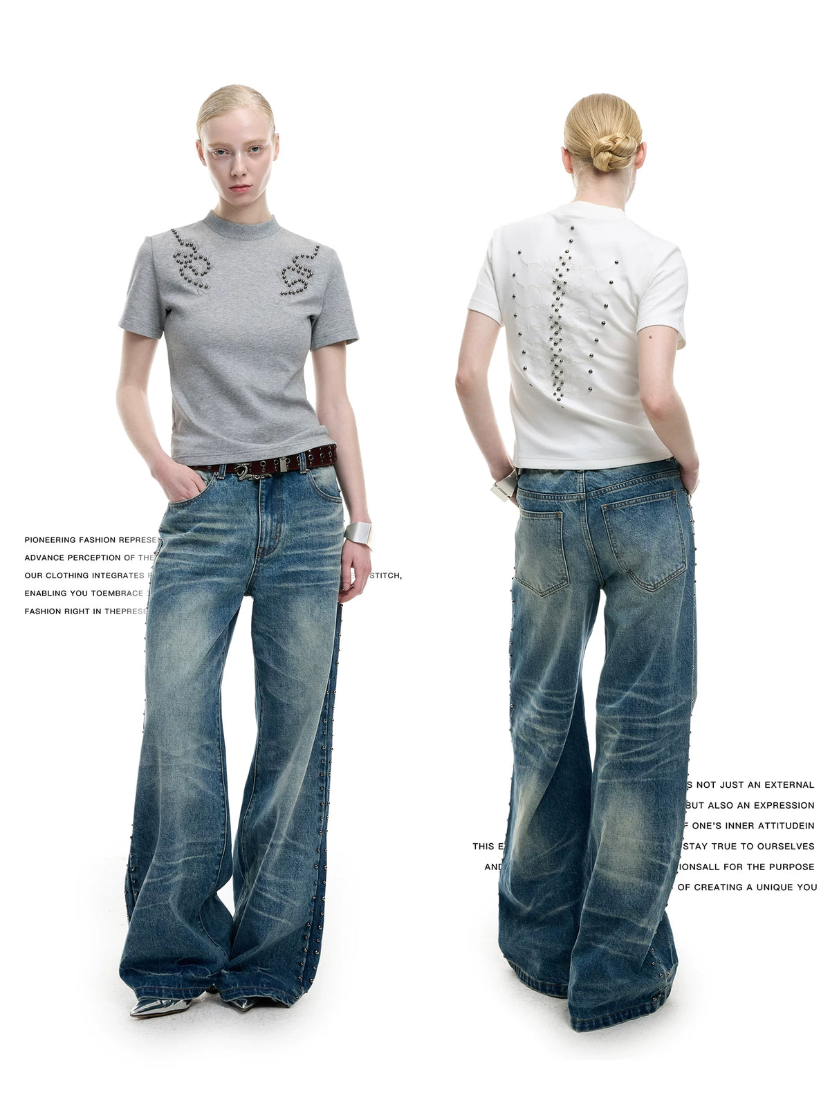 Slim Spine Rivet Embroidered Streetwear T-Shirt - detail image 3