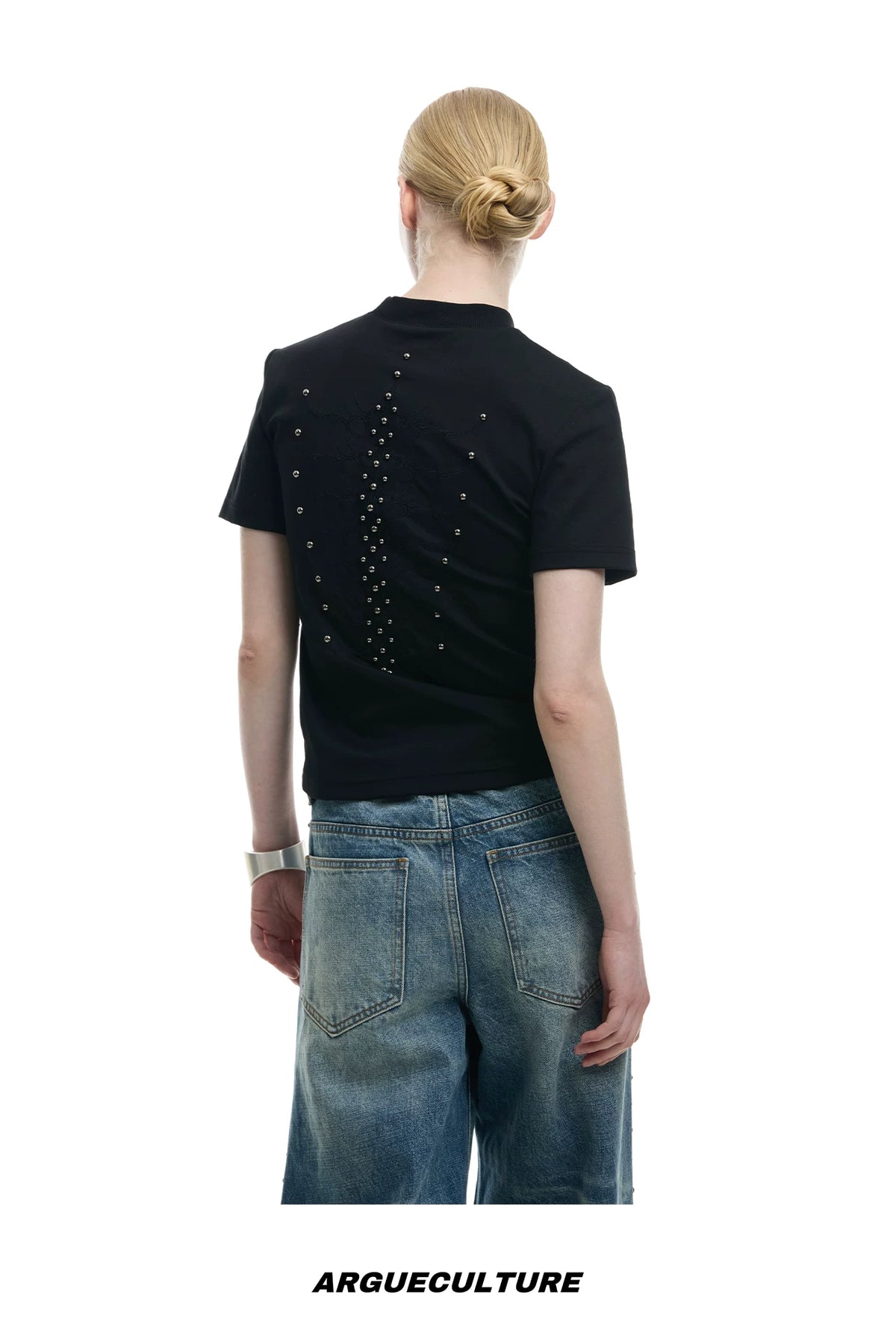 Slim Spine Rivet Embroidered Streetwear T-Shirt - detail image 10
