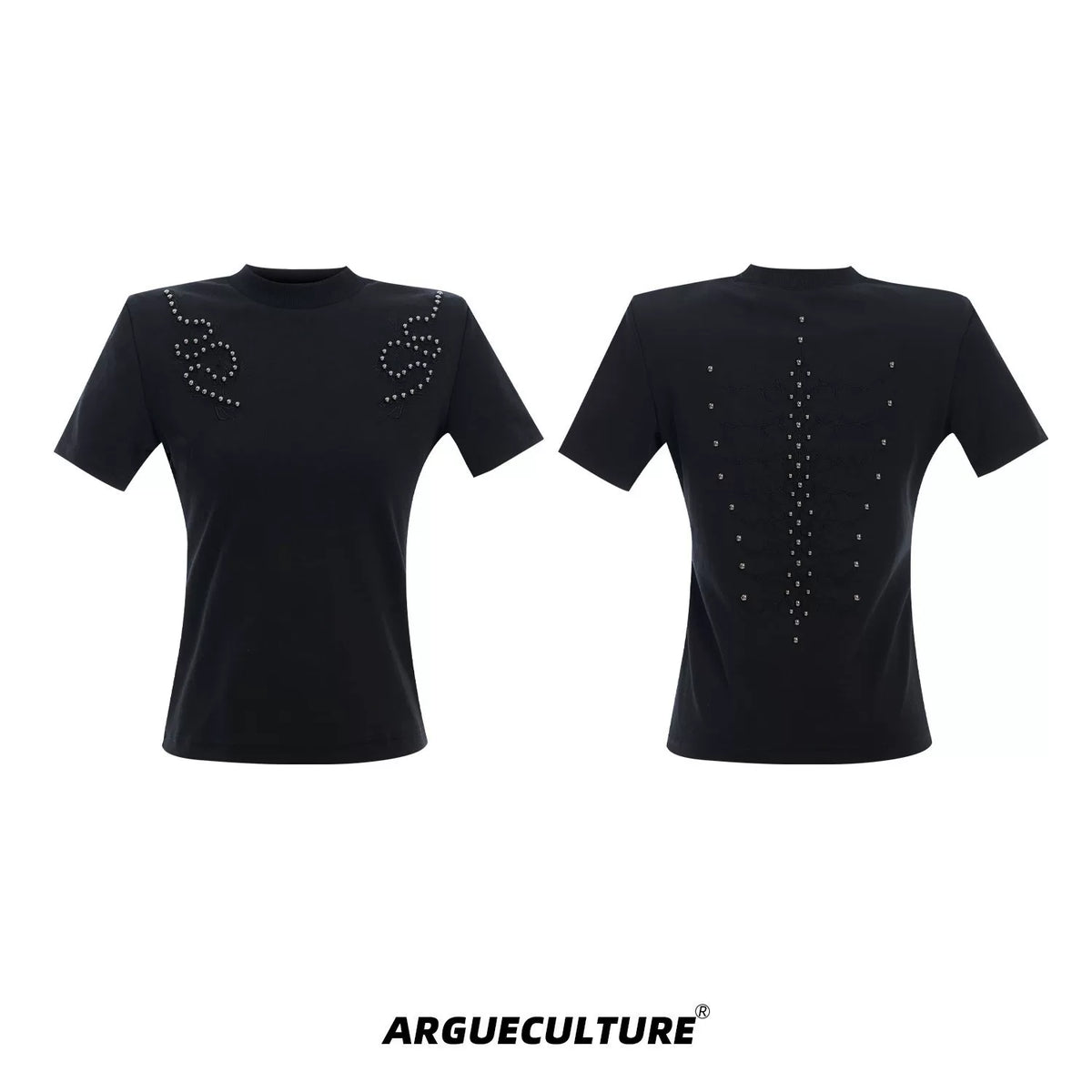 Slim Spine Rivet Embroidered Streetwear T-Shirt - Black