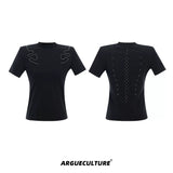 Slim Spine Rivet Embroidered Streetwear T-Shirt - Black