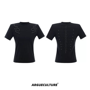 Slim Spine Rivet Embroidered Streetwear T-Shirt - Black