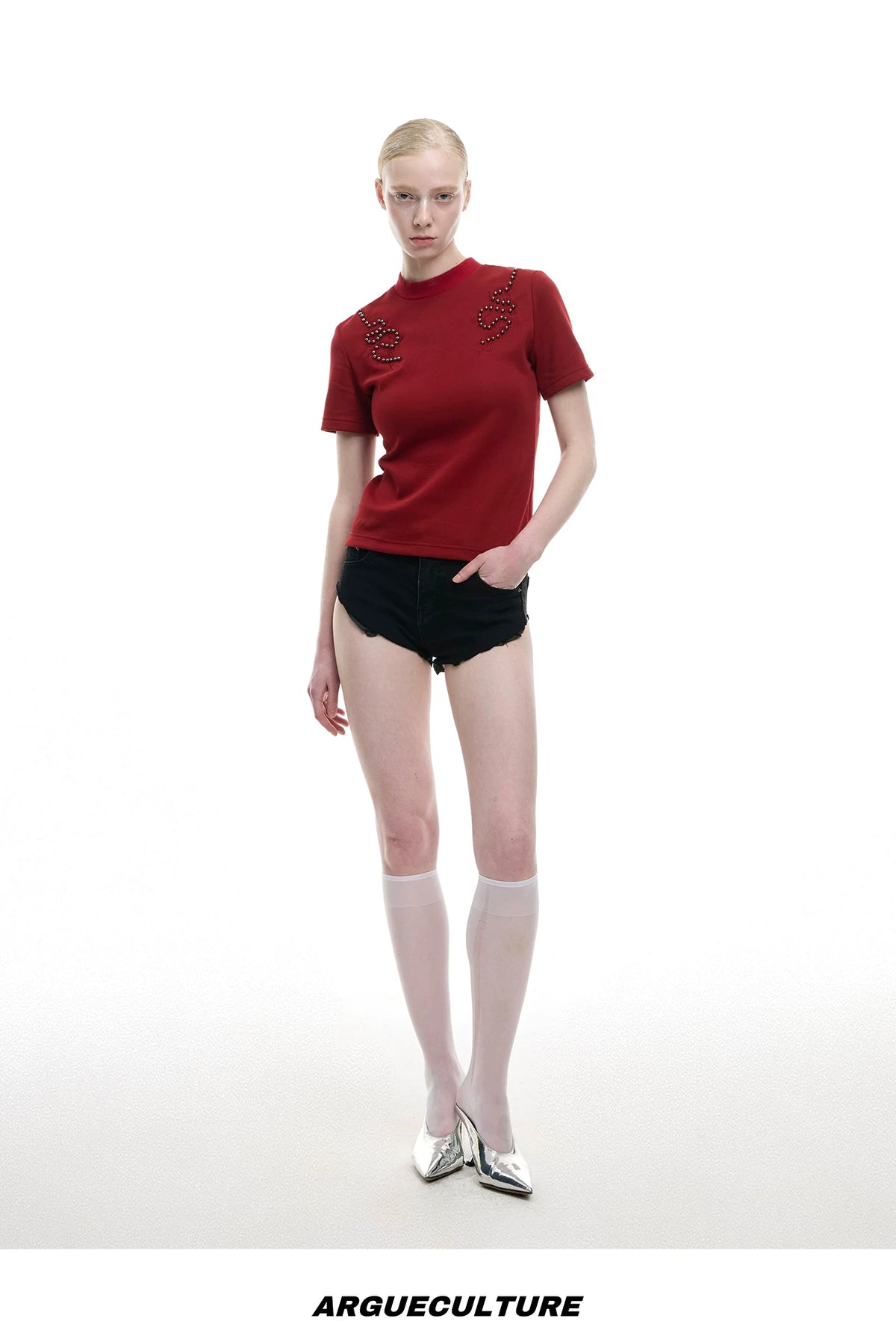 Slim Spine Rivet Embroidered Streetwear T-Shirt - detail image 13
