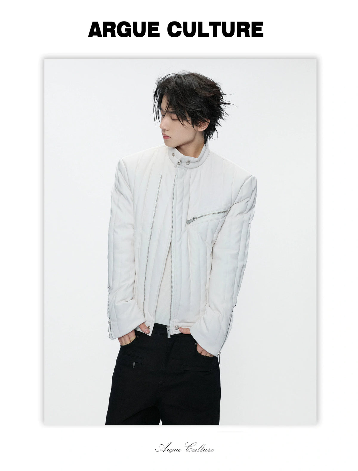 Slim Vertical-Quilted White Duck Down Moto Jacket - detail image 15
