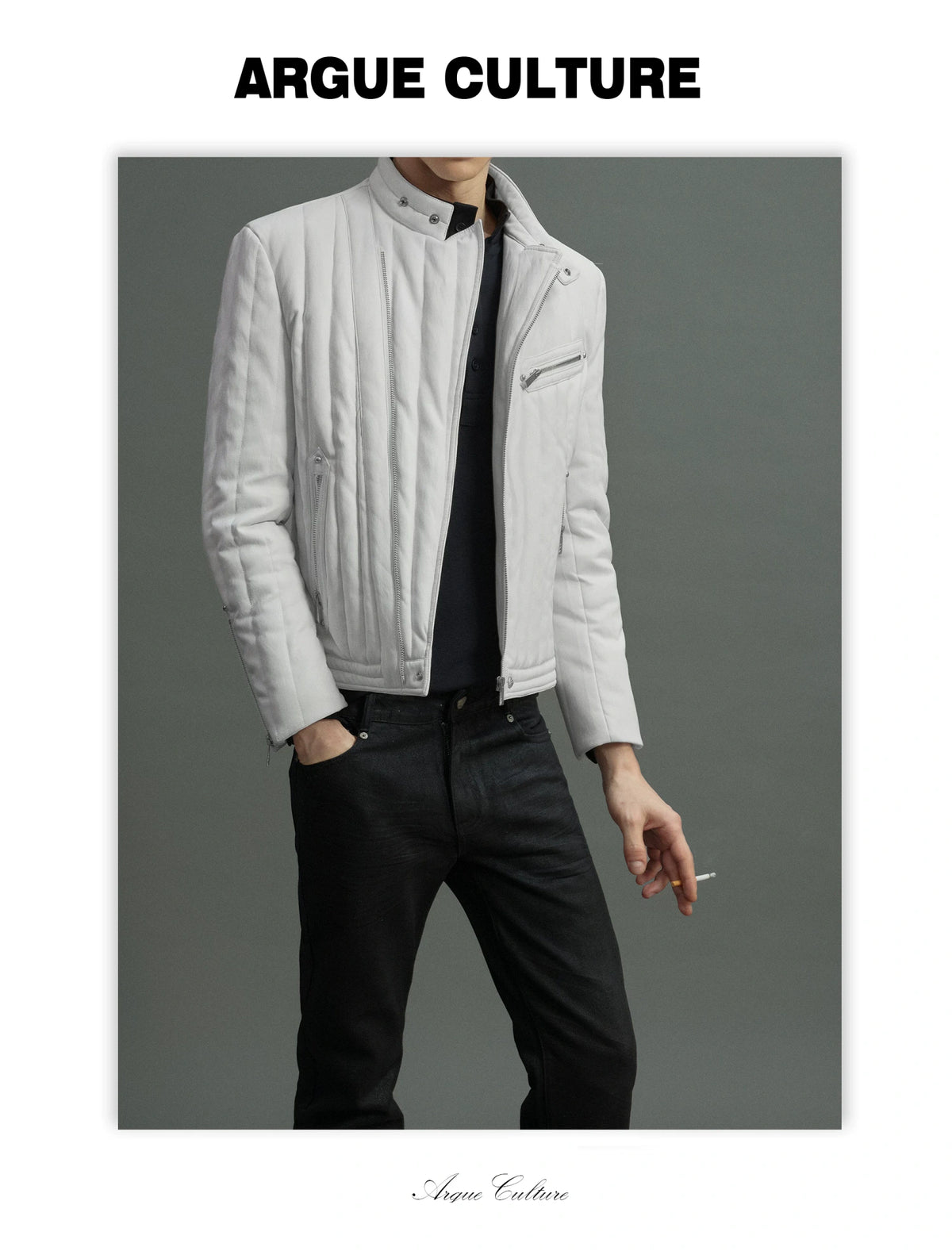 Slim Vertical-Quilted White Duck Down Moto Jacket - detail image 4
