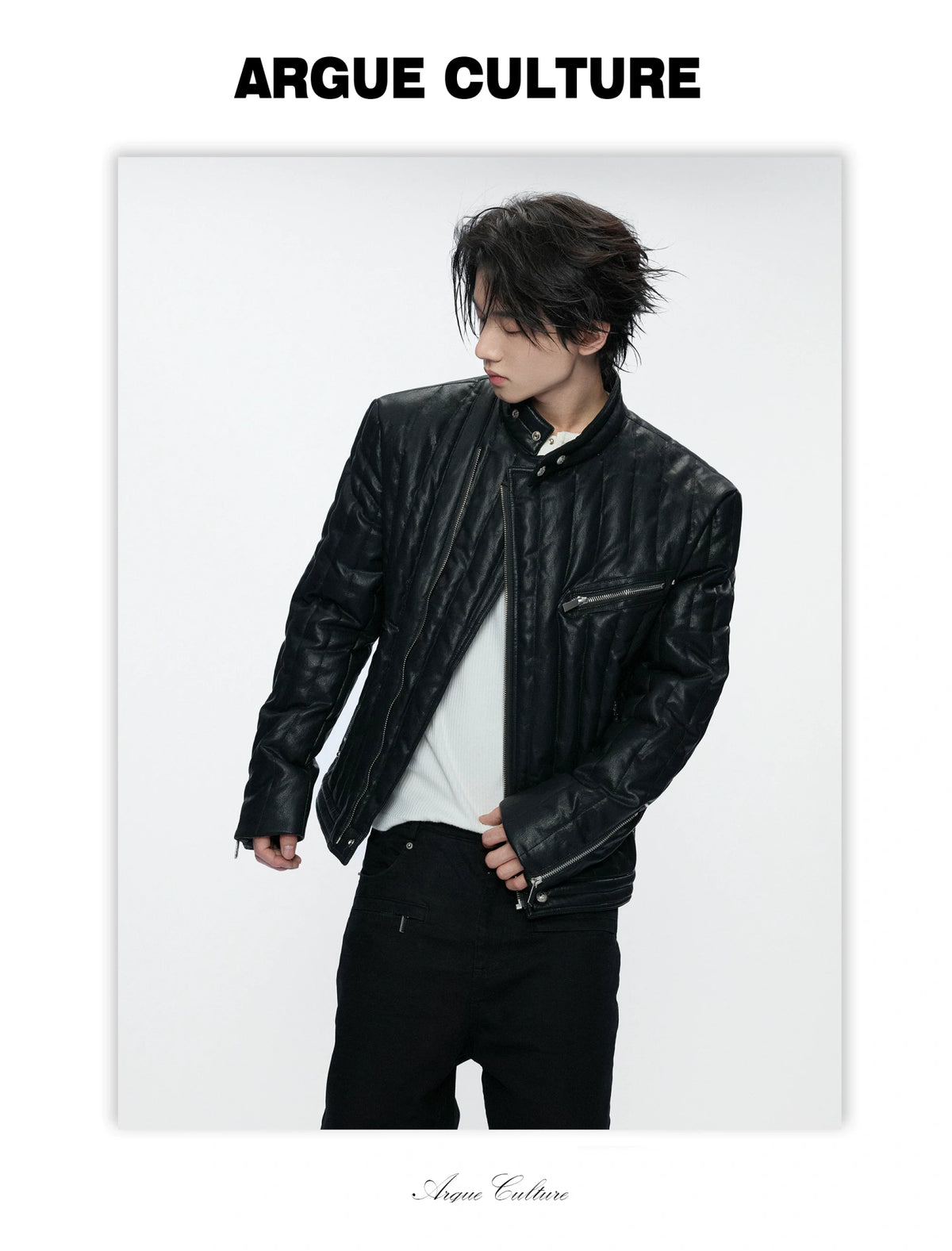 Slim Vertical-Quilted White Duck Down Moto Jacket - detail image 7