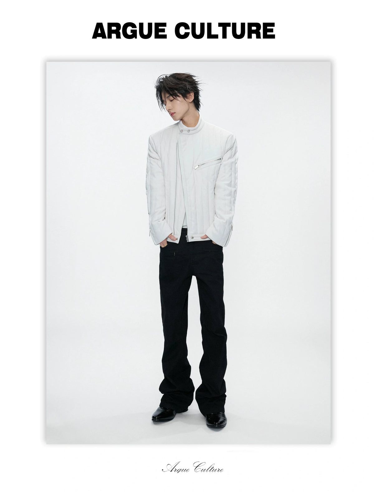 Slim Vertical-Quilted White Duck Down Moto Jacket - detail image 16