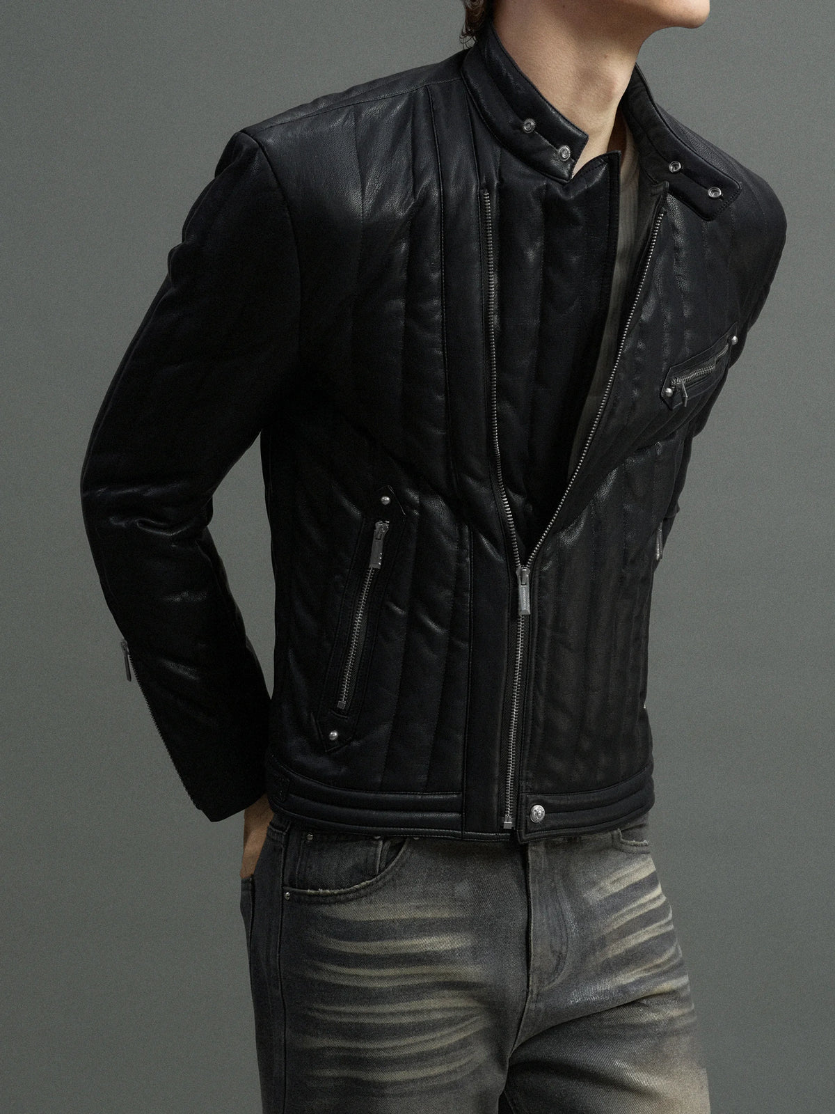 Slim Vertical-Quilted White Duck Down Moto Jacket - main image 1