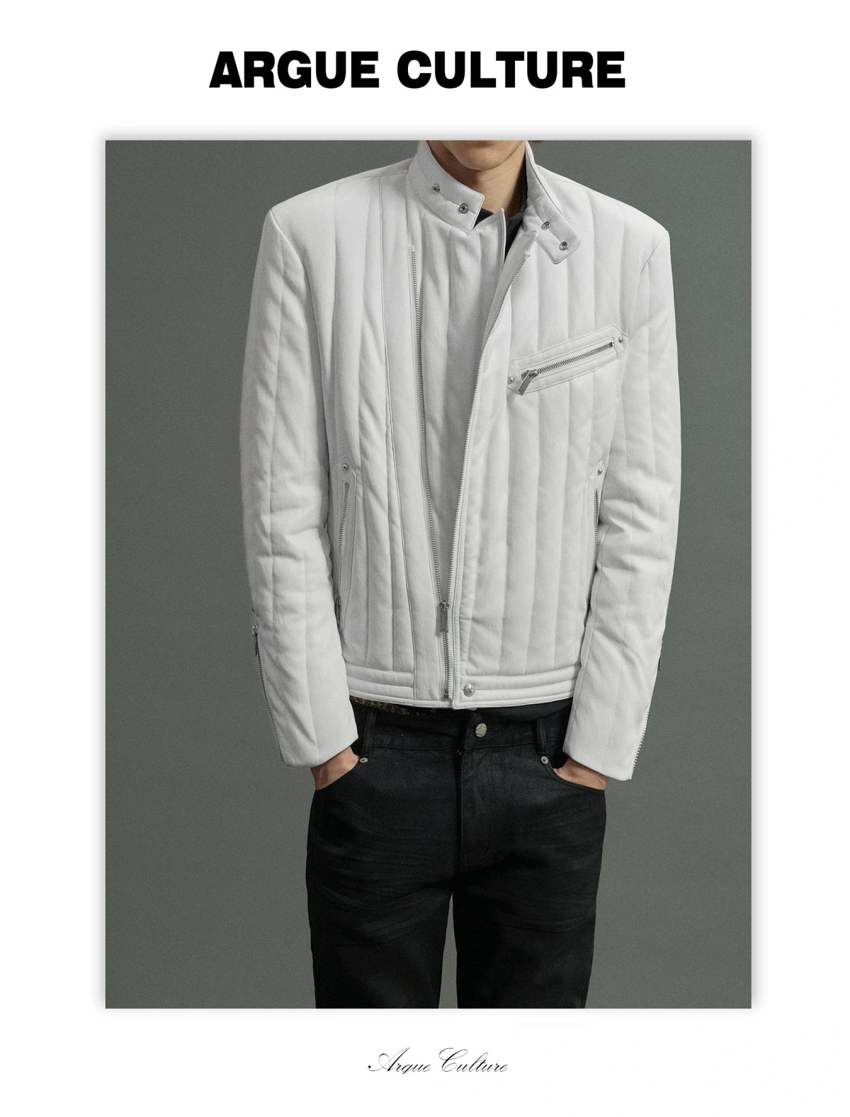 Slim Vertical-Quilted White Duck Down Moto Jacket - detail image 3