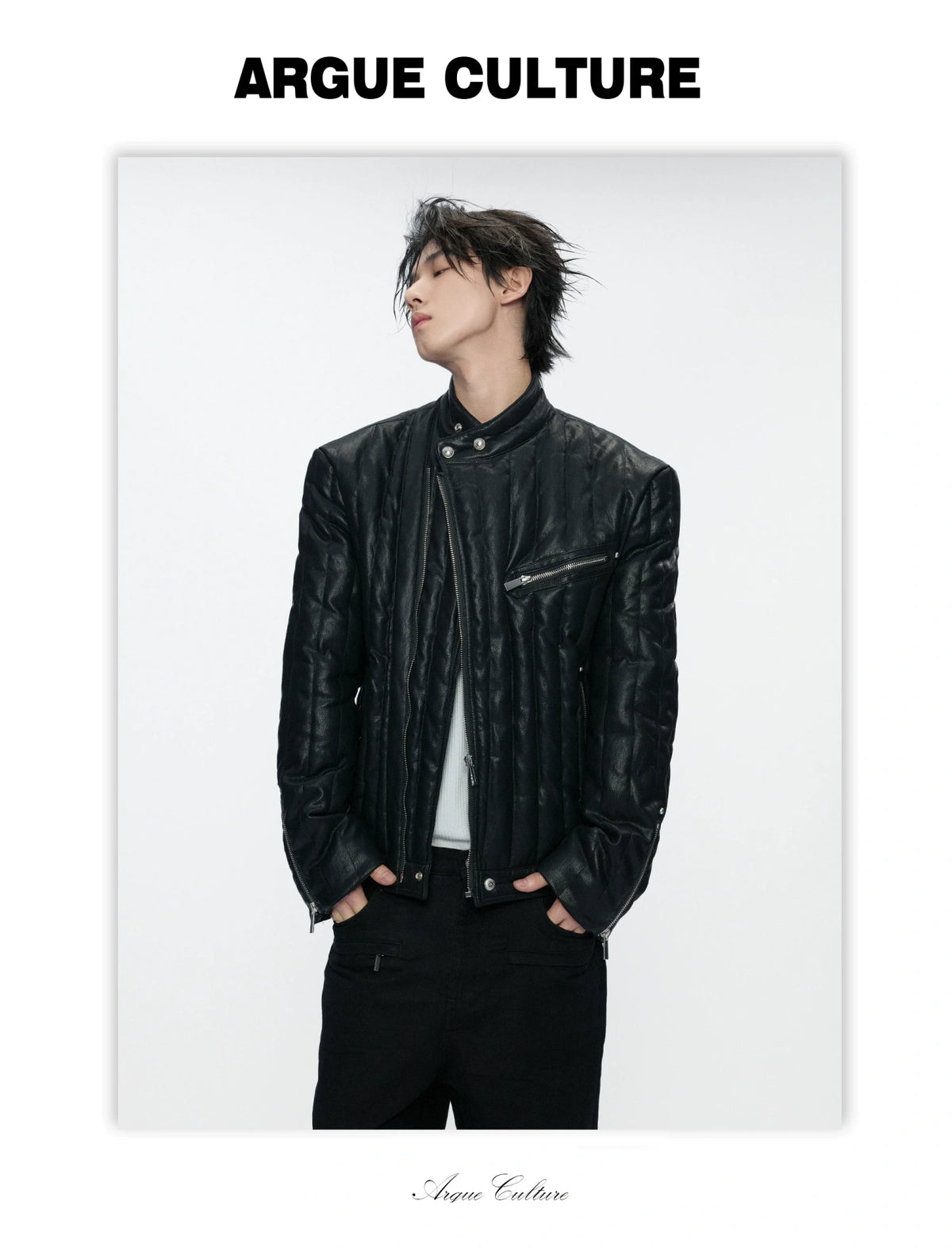 Slim Vertical-Quilted White Duck Down Moto Jacket - detail image 10