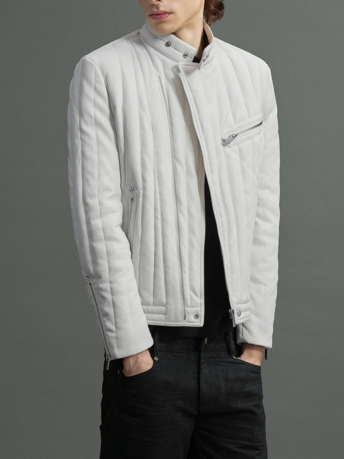 Slim Vertical-Quilted White Duck Down Moto Jacket - main image 2