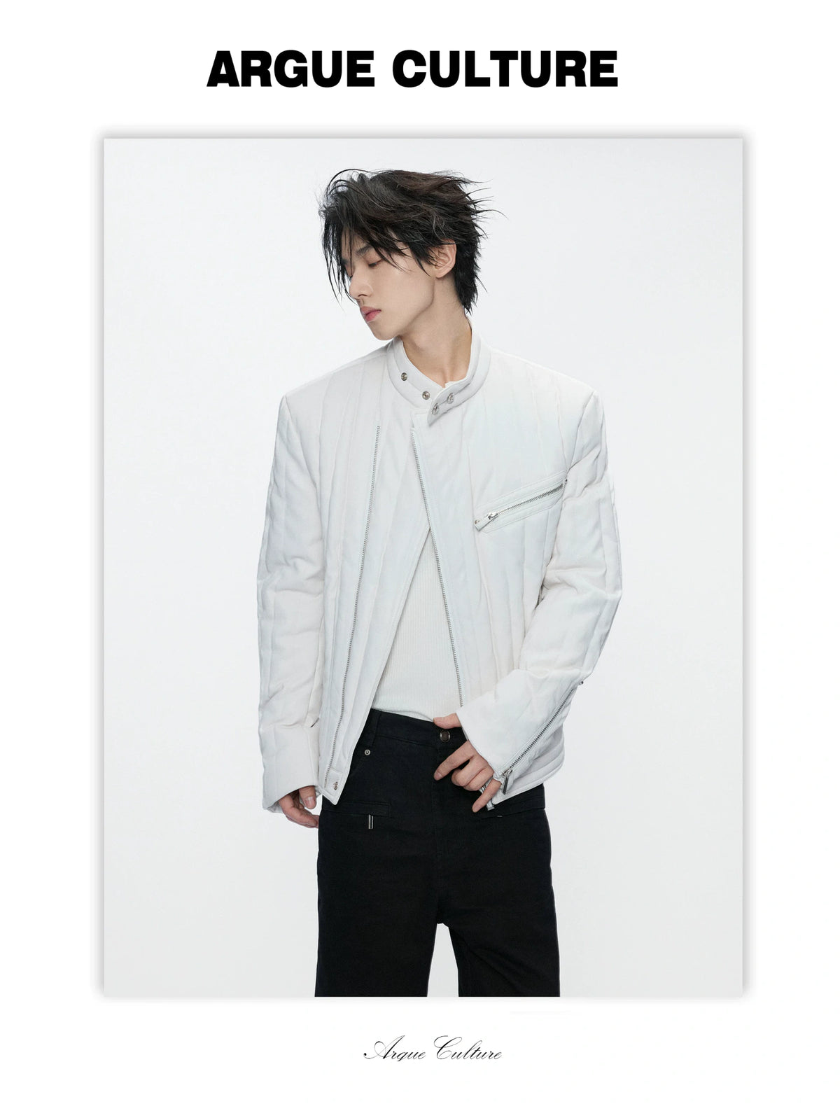 Slim Vertical-Quilted White Duck Down Moto Jacket - detail image 12