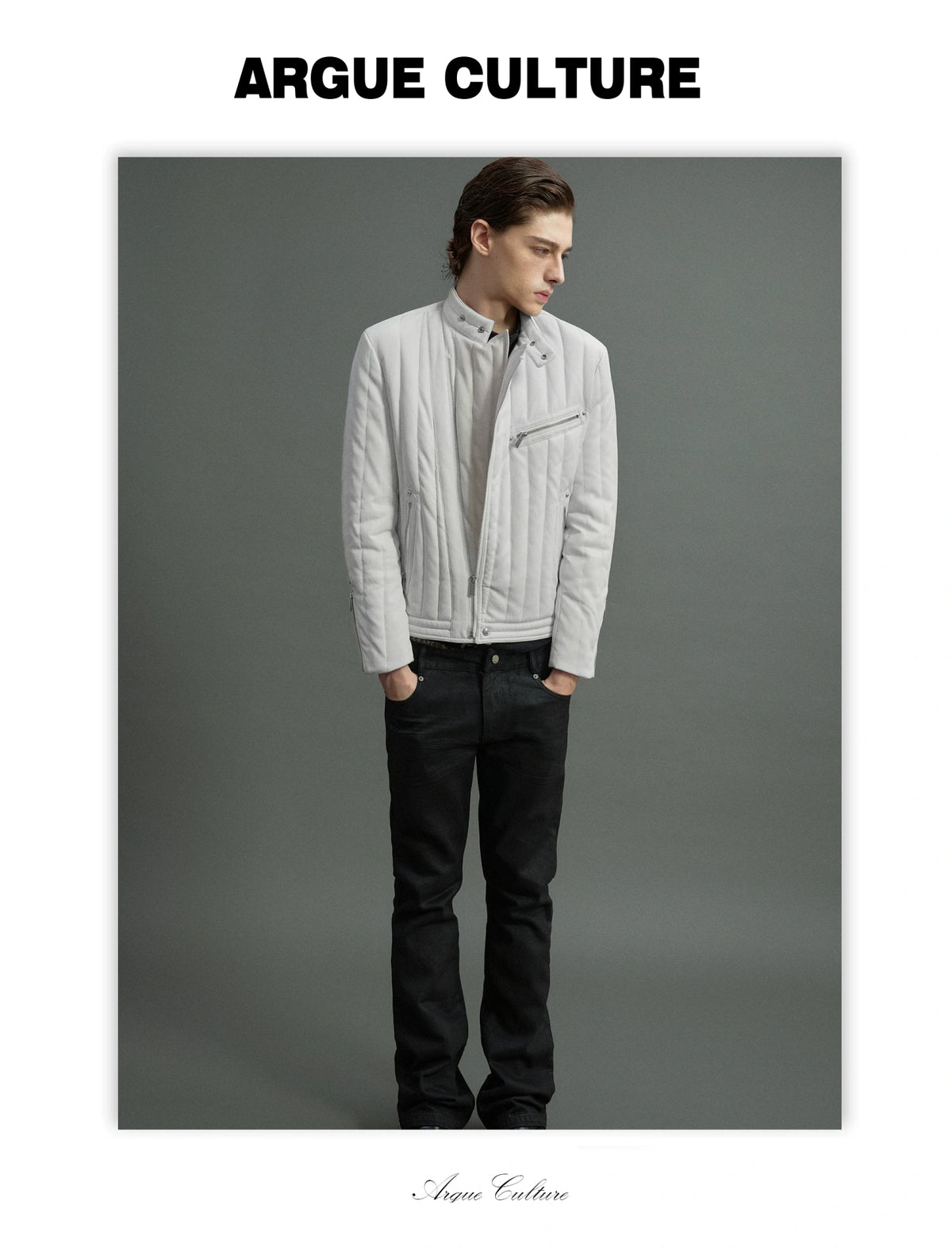 Slim Vertical-Quilted White Duck Down Moto Jacket - detail image 21