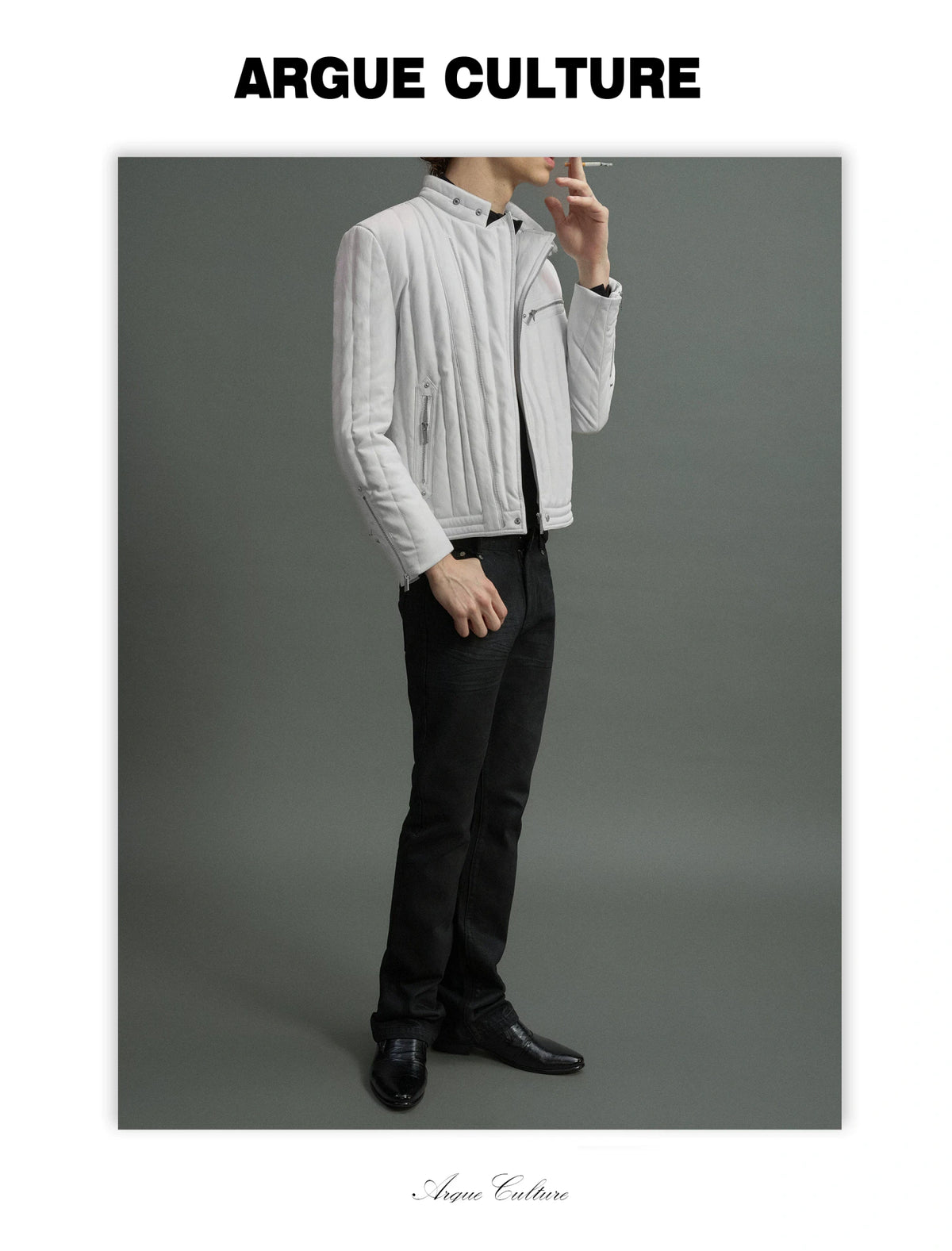 Slim Vertical-Quilted White Duck Down Moto Jacket - detail image 6