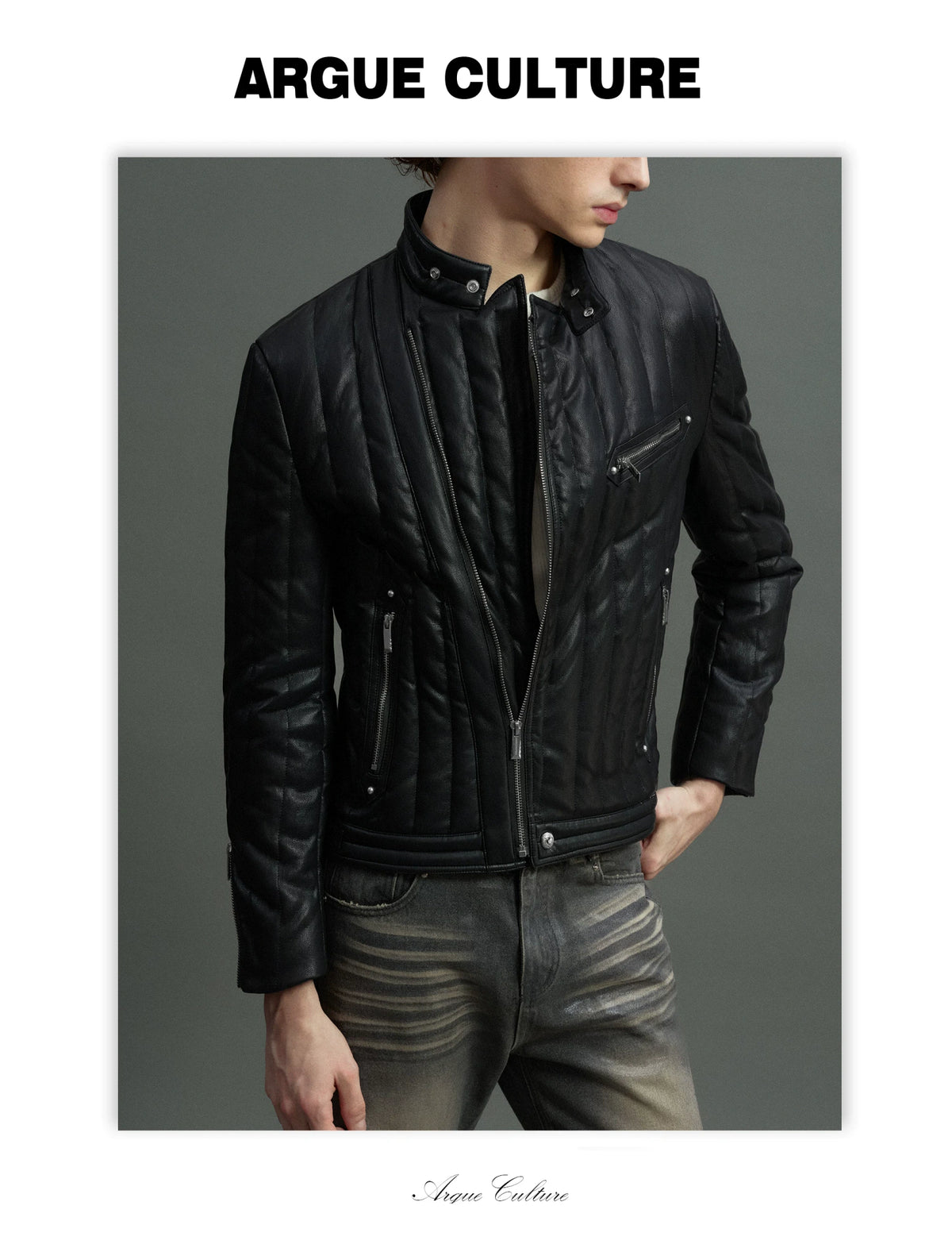 Slim Vertical-Quilted White Duck Down Moto Jacket - detail image 13