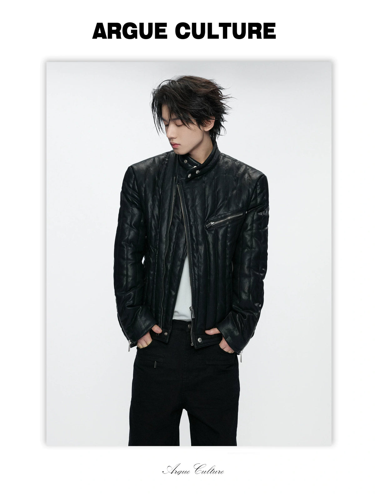 Slim Vertical-Quilted White Duck Down Moto Jacket - detail image 9