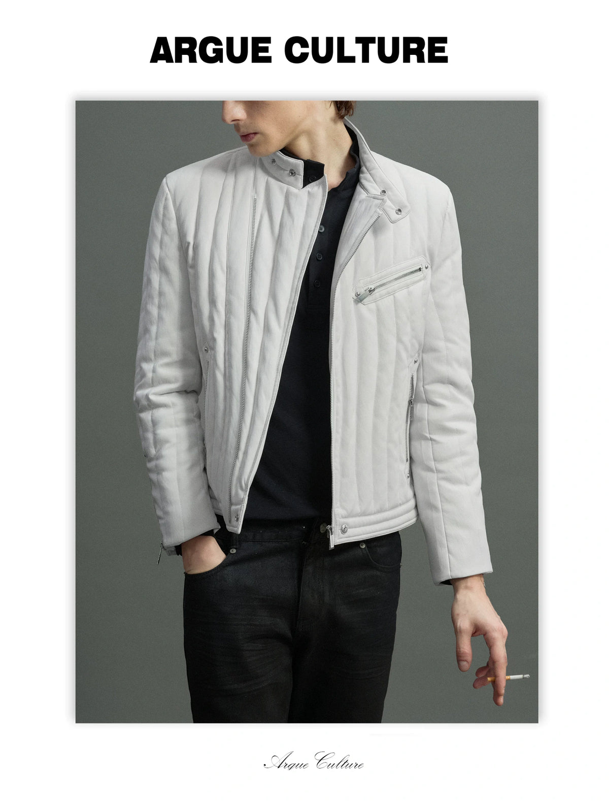 Slim Vertical-Quilted White Duck Down Moto Jacket - detail image 5