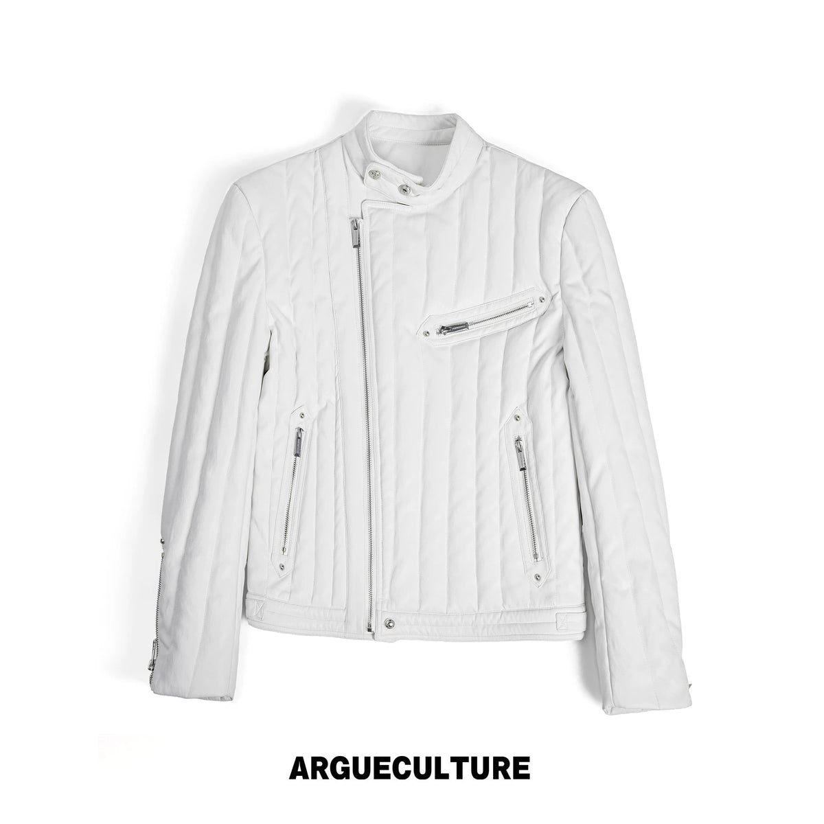 Slim Vertical-Quilted White Duck Down Moto Jacket - White