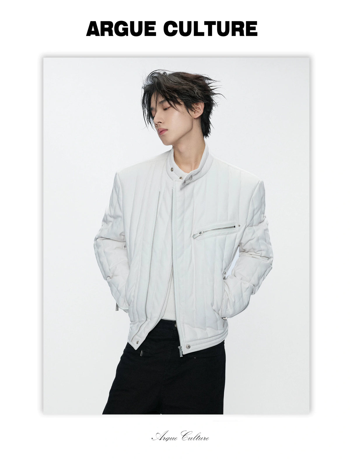 Slim Vertical-Quilted White Duck Down Moto Jacket - detail image 14