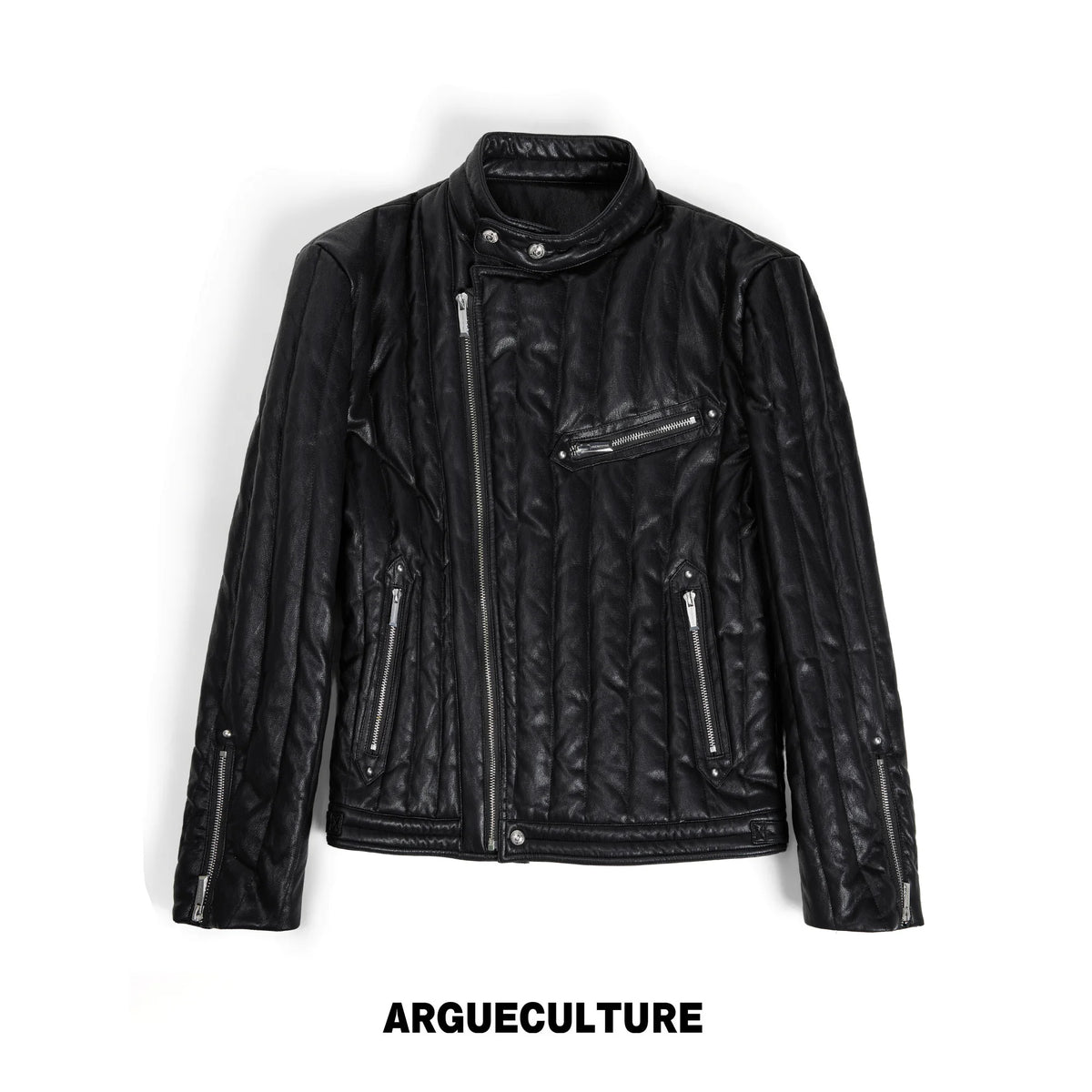 Slim Vertical-Quilted White Duck Down Moto Jacket - Black
