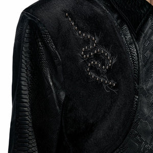Back view of gray gothic streetwear jacket with spine rivets