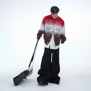 Streetwear model wearing the red snake gradient knit cardigan