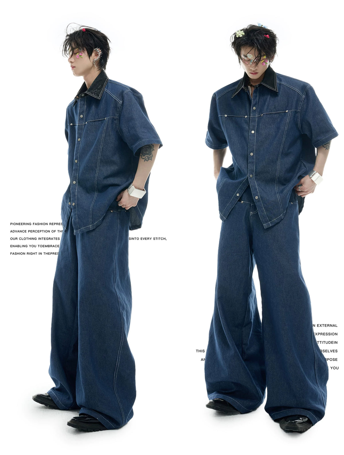 Snake-Panel Short-Sleeve Shirt & Pants Set in Blue - detail image 2
