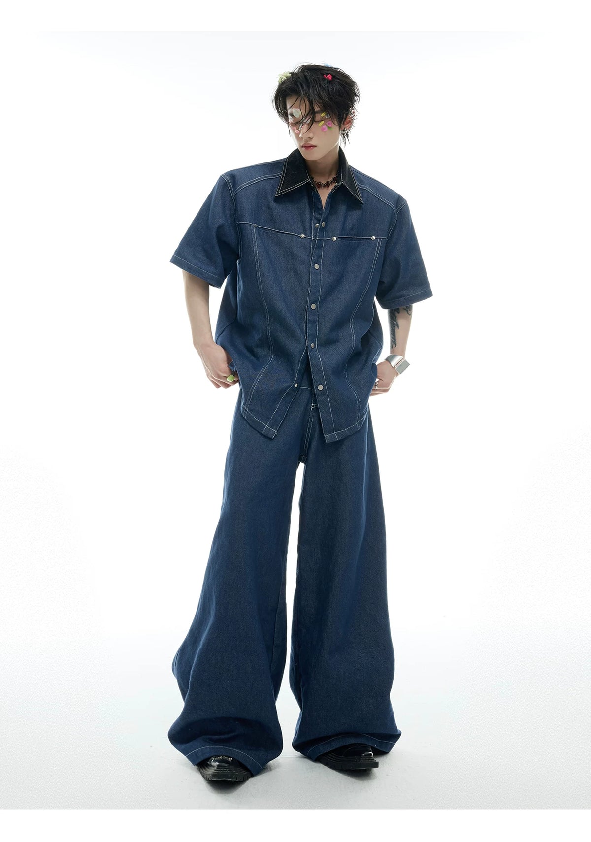 Snake-Panel Short-Sleeve Shirt & Pants Set in Blue - detail image 7