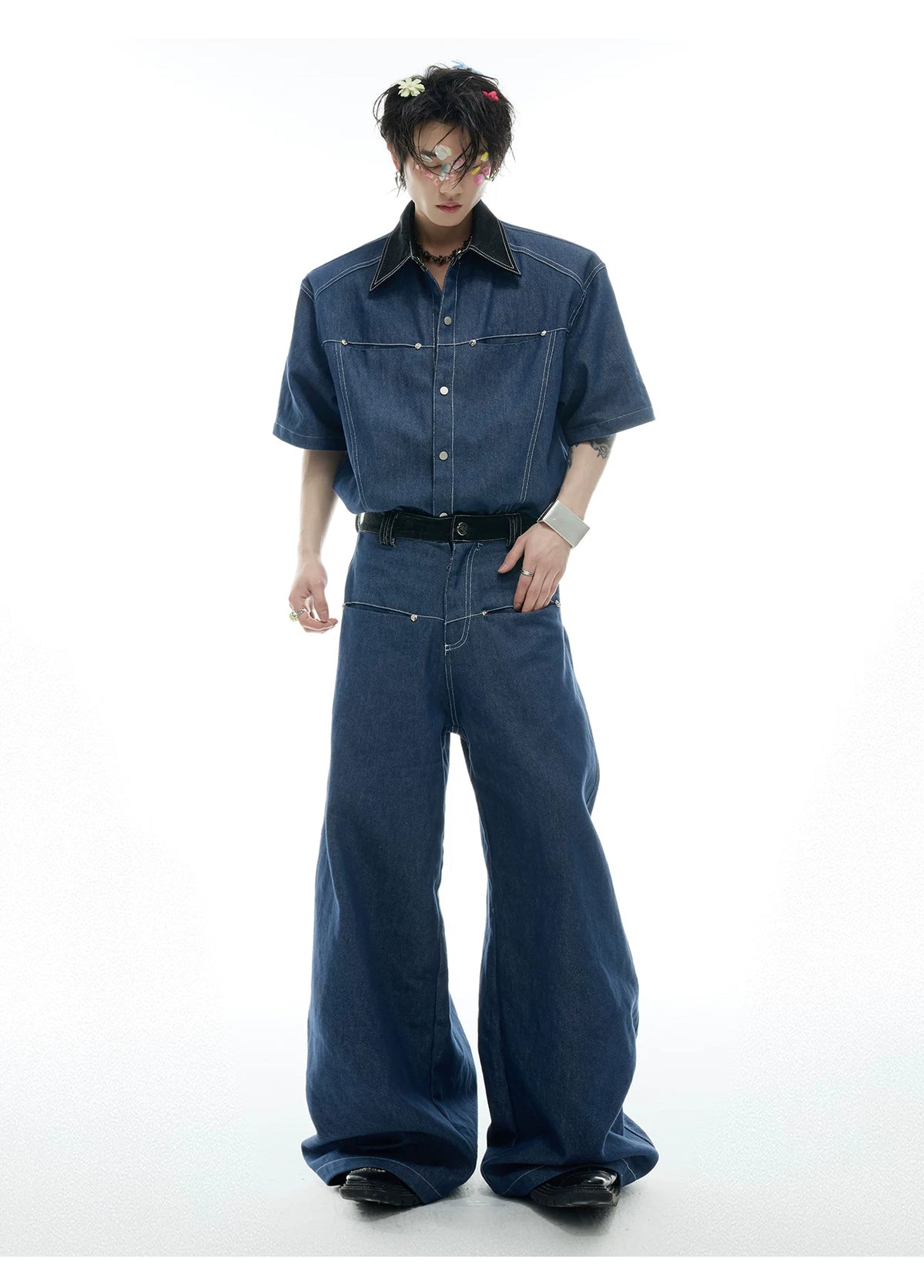 Snake-Panel Short-Sleeve Shirt & Pants Set in Blue - detail image 5