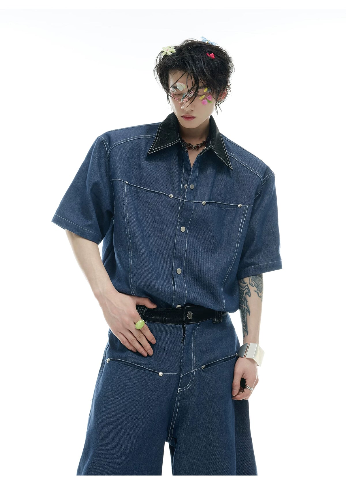 Snake-Panel Short-Sleeve Shirt & Pants Set in Blue - detail image 9