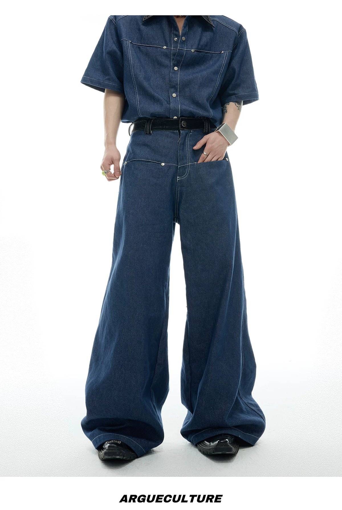 Snake-Panel Short-Sleeve Shirt & Pants Set in Blue - detail image 11