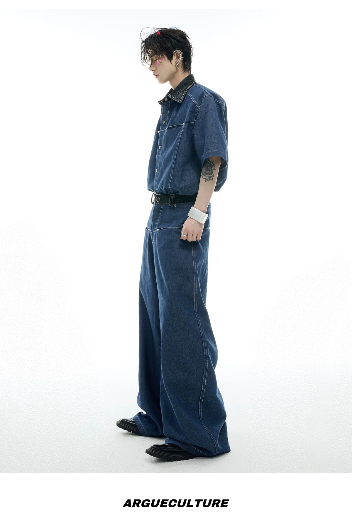 Snake-Panel Short-Sleeve Shirt & Pants Set in Blue - detail image 8