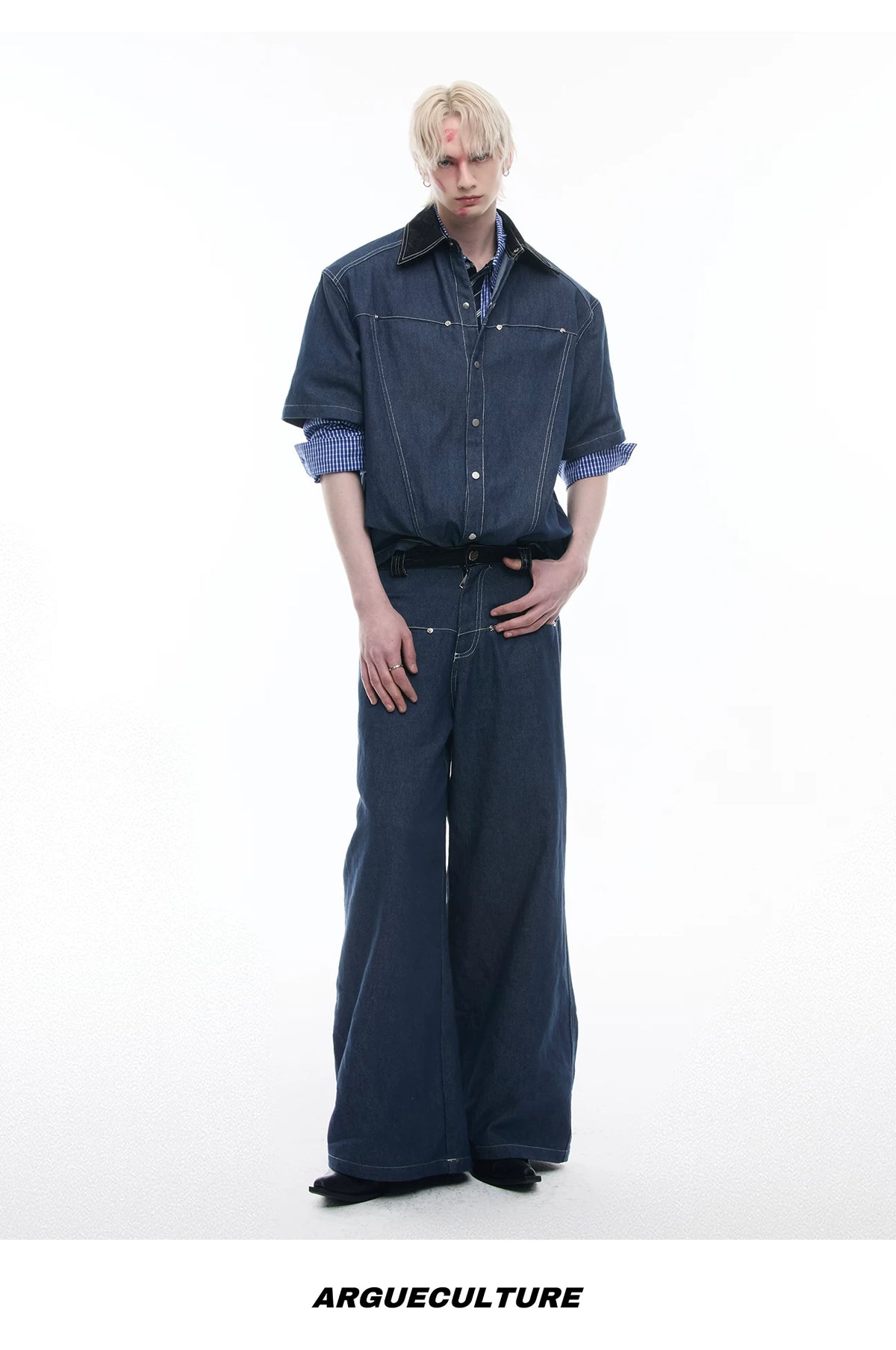 Snake-Panel Short-Sleeve Shirt & Pants Set in Blue - detail image 13