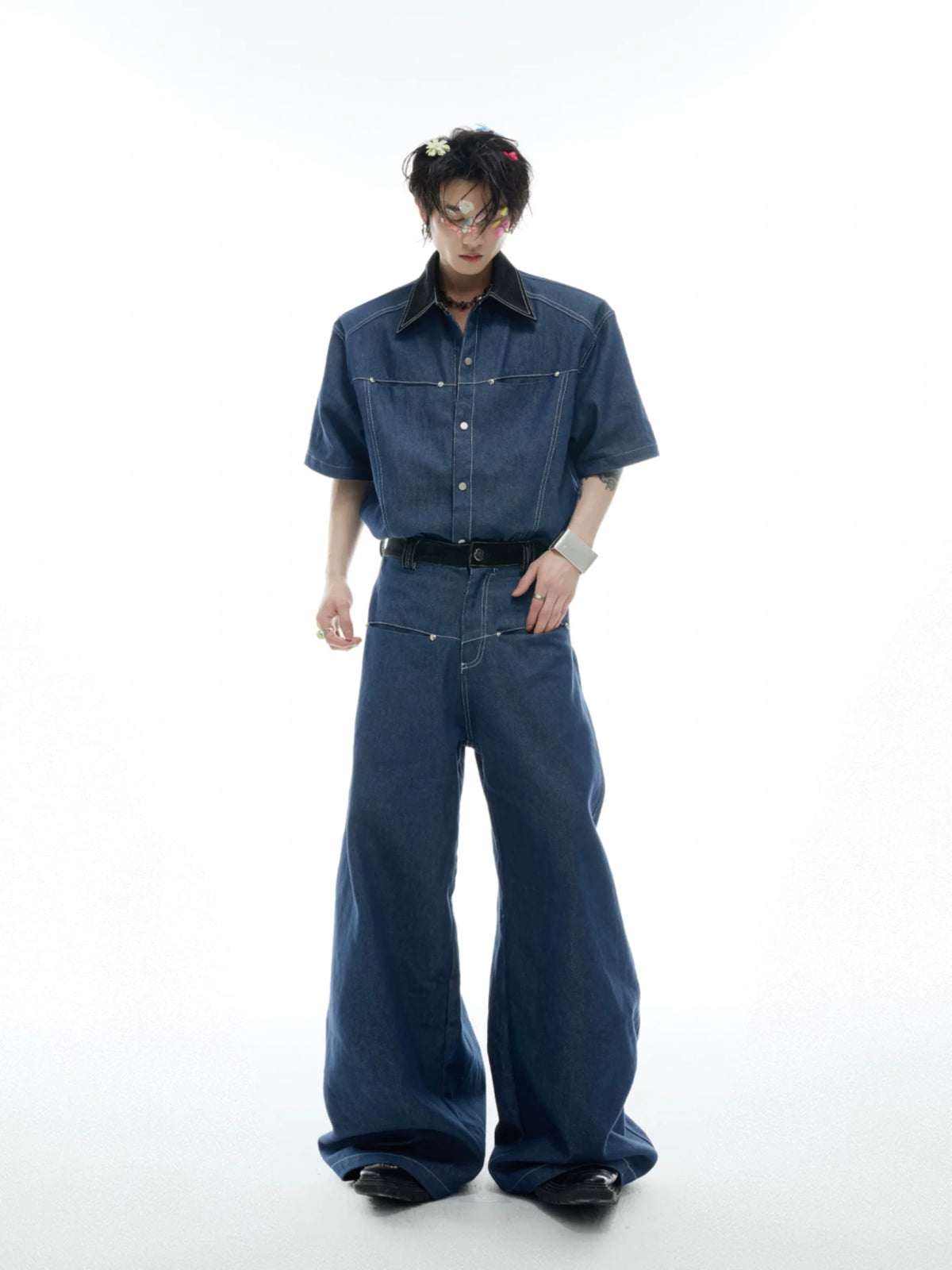 Snake-Panel Short-Sleeve Shirt & Pants Set in Blue - main image 1
