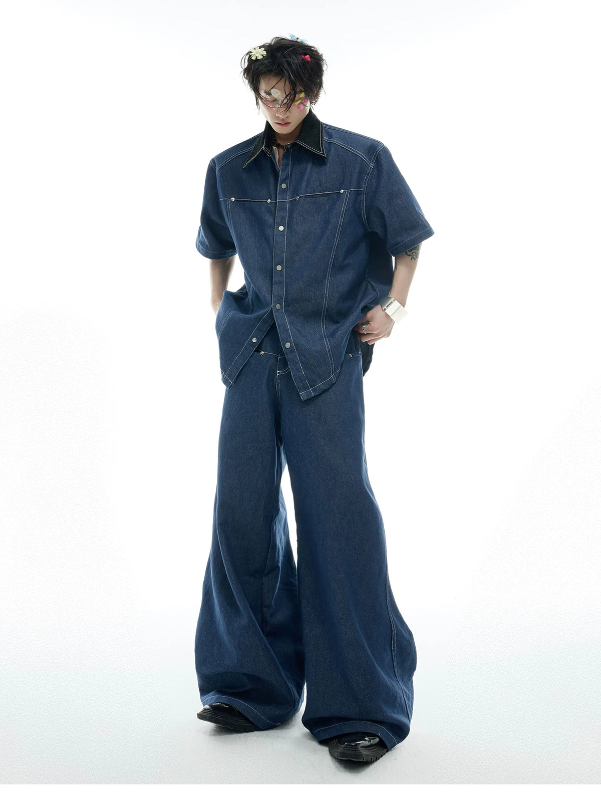 Snake-Panel Short-Sleeve Shirt & Pants Set in Blue - detail image 3