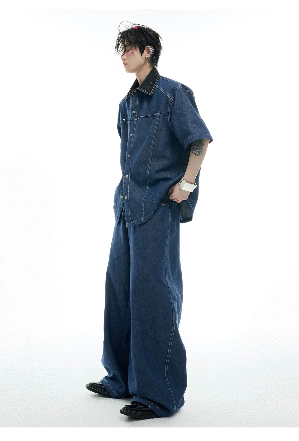 Snake-Panel Short-Sleeve Shirt & Pants Set in Blue - detail image 6