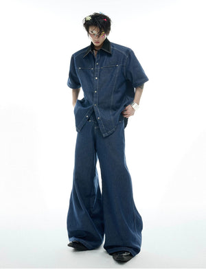 desc::snake-skin-patchwork-denim-short-sleeve-shirt-set-detail-img-3