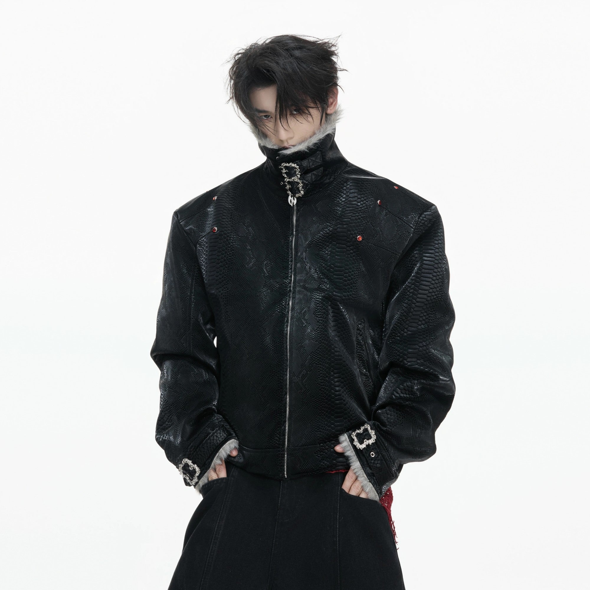 Black snake texture faux leather puffer jacket front view