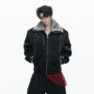 White deconstructed leather puffer jacket with fur collar