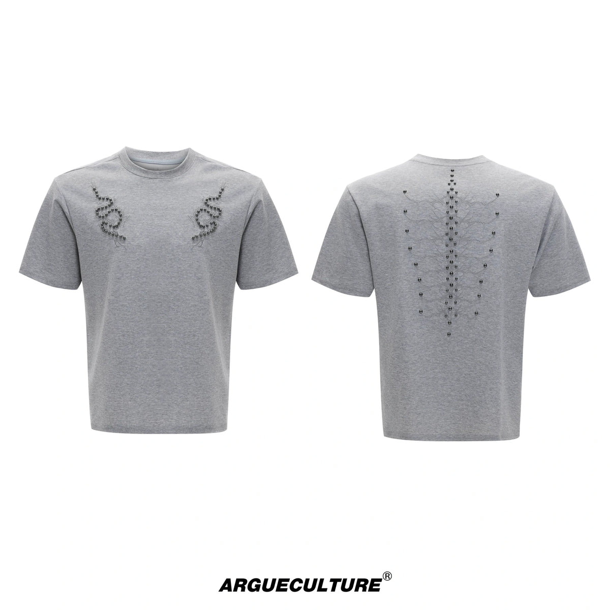 Snake Spine Studded Boxy Streetwear T-Shirt - Gray