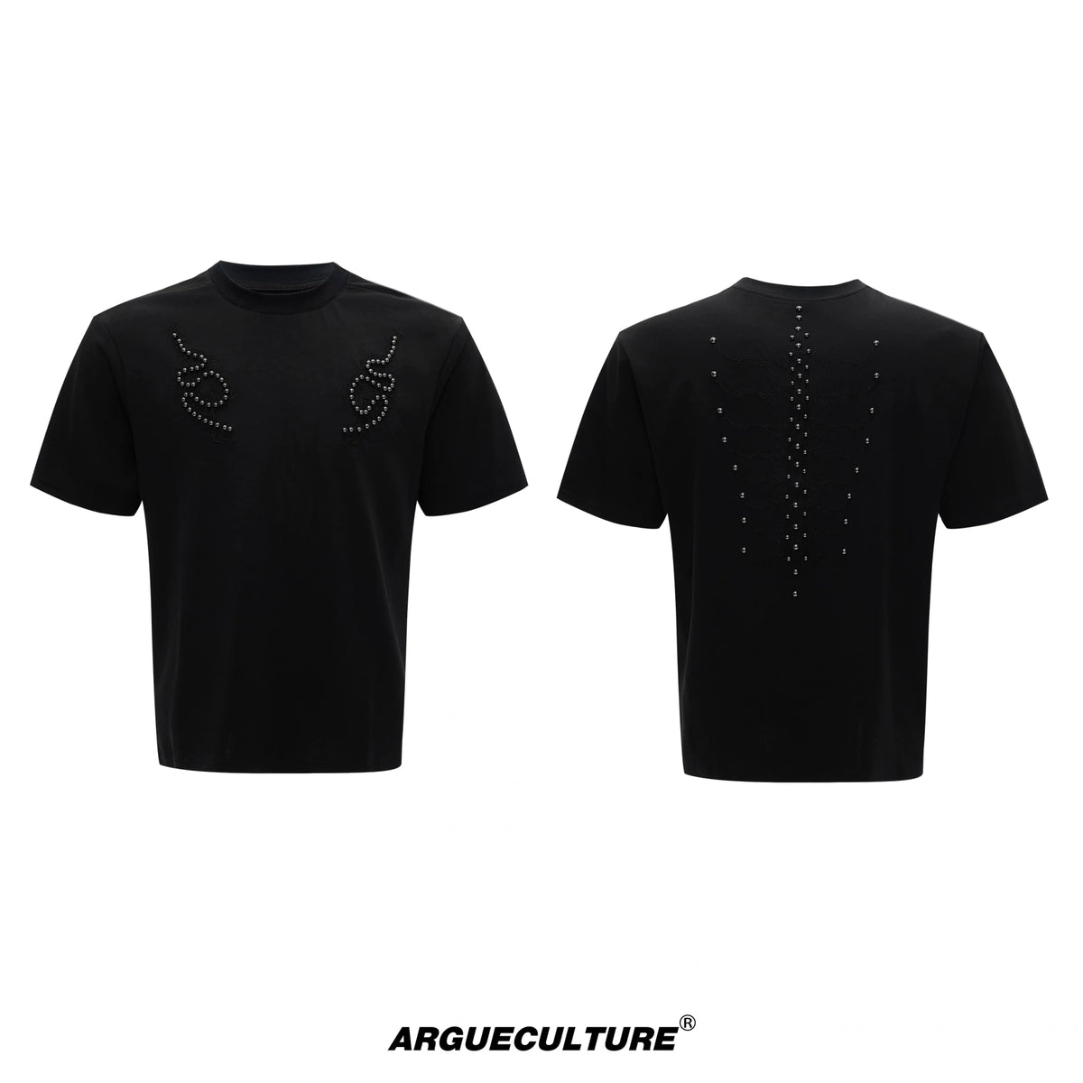 Snake Spine Studded Boxy Streetwear T-Shirt - Black