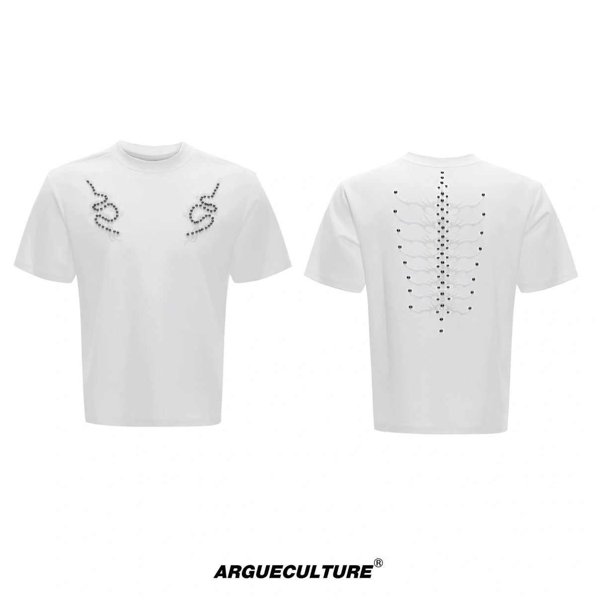 Snake Spine Studded Boxy Streetwear T-Shirt - White