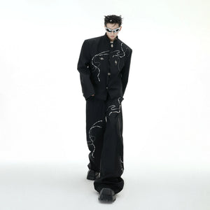 Full streetwear set featuring black blazer and wide-leg trousers